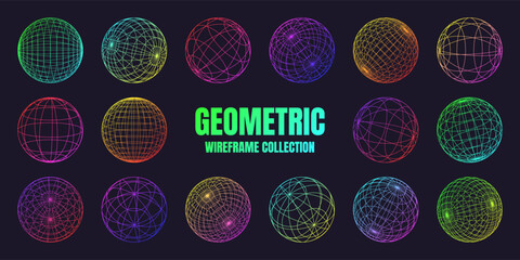 Neon wireframe shapes, lined sphere. Perspective mesh, 3d grid. Low poly geometric elements. Retro futuristic design elements, y2k, vaporwave and synthwave style. Vector illustration