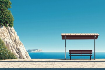 Travel bus station on coastal road scenic view ocean perspective