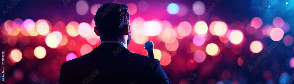 Poster a silhouette of a speaker stands before a vibrant crowd, illuminated by colorful lights, creating an