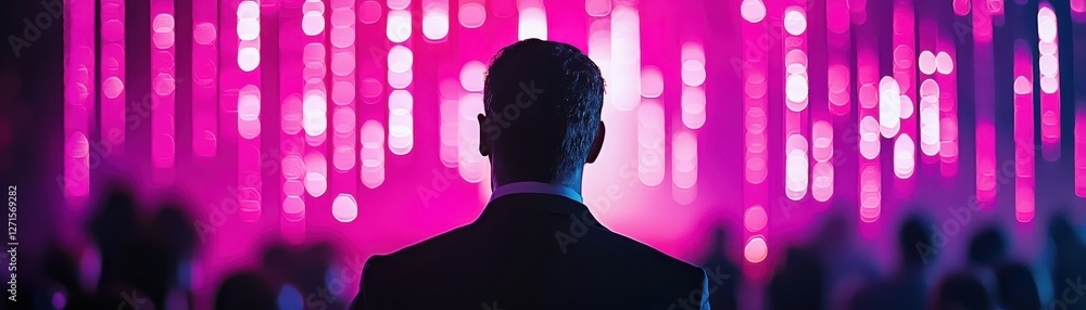 Poster a figure in a suit stands before a vibrant, illuminated backdrop, creating a mysterious and captivat