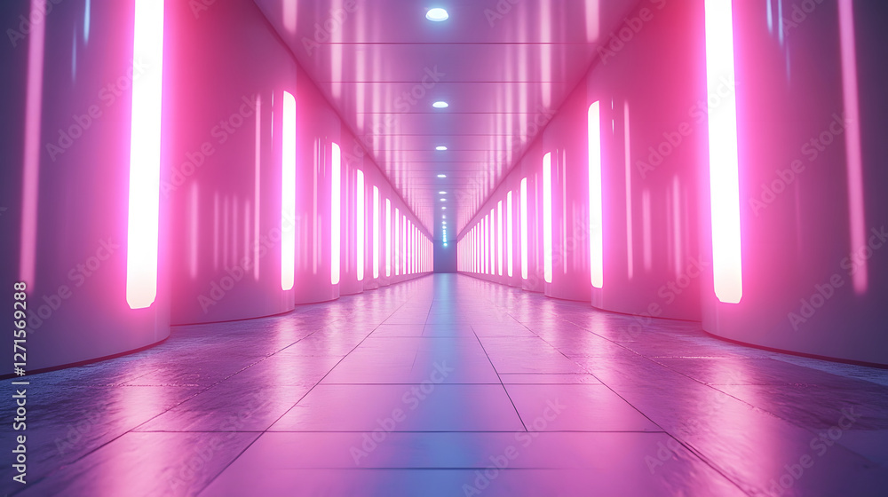 Poster a futuristic corridor illuminated by vibrant pink lights, creating an immersive and visually strikin