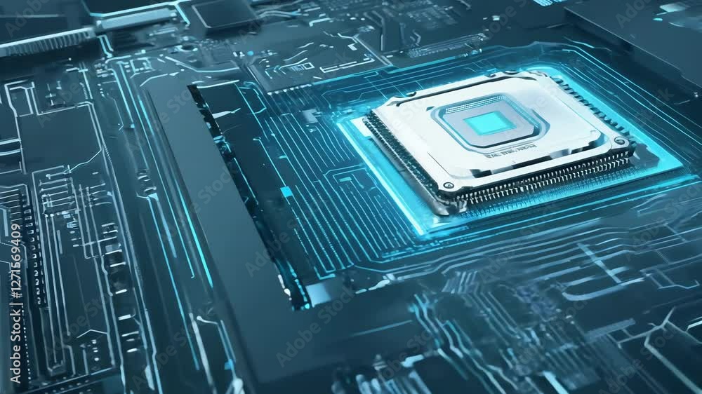 Poster futuristic microchip glows with blue light on complex circuit board, showcasing advanced technology 
