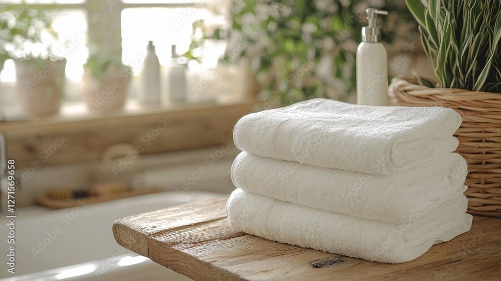 Poster Bright sunlight filters through a window, illuminating a neat stack of clean bedding sheets on a wooden surface. Plants and cozy decor add a relaxed atmosphere to the space