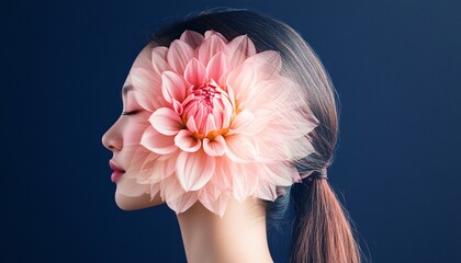A whimsical double exposure of a woman adorned with a delicate pink dahlia celebrating Woman's Day with elegance and grace.