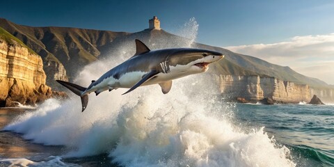 Obraz premium Majestic Great White Shark Leaping from Ocean Waves Near Dramatic Coastal Cliffs at Sunset
