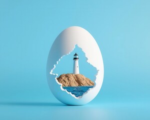 Fototapeta premium A pearllike Easter egg breaking open to expose a lighthouse on a rocky island