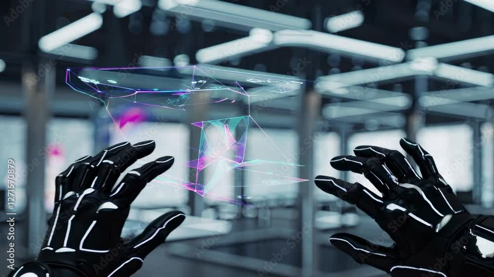 Leinwandbilder exploring futuristic technology with advanced robotic gloves and holographic displays in a modern wo