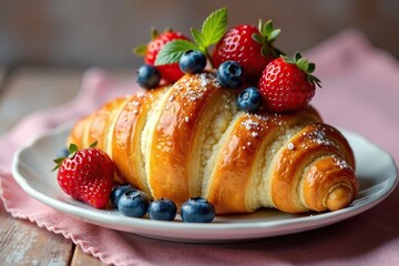 A delicate croissant topped with juicy strawberries and blueberries in shades of pink, breakfast, berries