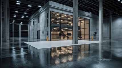 "A high-tech industrial building with large glass windows and modern steel structures