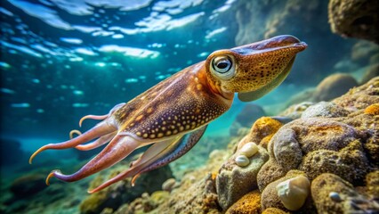 A Cuttlefish glides effortlessly through the underwater world, its intricate pattern camouflaging it amongst the vibrant coral and rocky seabed.