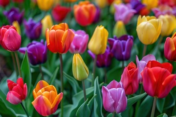 Obraz premium Colorful rainbow tulip flower outdoors blossom.