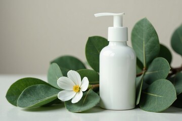 A delicate white bottle placed on a bed of eucalyptus, eucalyptus, classic, elegant