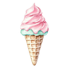 Delicious pink and mint ice cream in a crispy waffle cone on a bright background perfect for summer treats and desserts