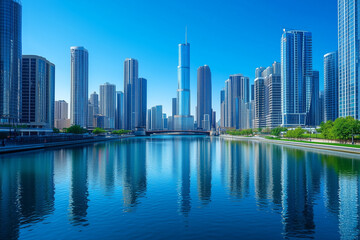 city skyline reflected in water
