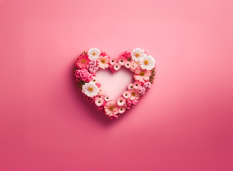 A floral heart made of pink and white blossoms is centered on a soft pink backdrop, radiating gentle love and a natural, romantic charm. Perfect for expressing affection or celebrating special moments