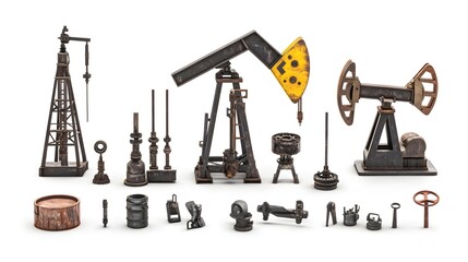 A set of oil industry tools and equipment on a white background