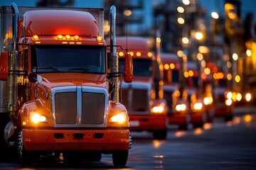 A row of illuminated orange trucks parked at dusk, showcasing their sleek designs amidst a softly lit urban backdrop.