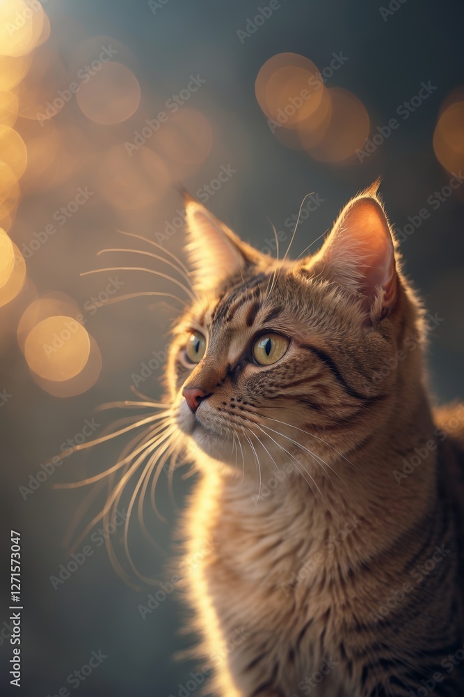 Aufkleber intriguing cat gazes thoughtfully in a softly lit setting with warm bokeh highlights