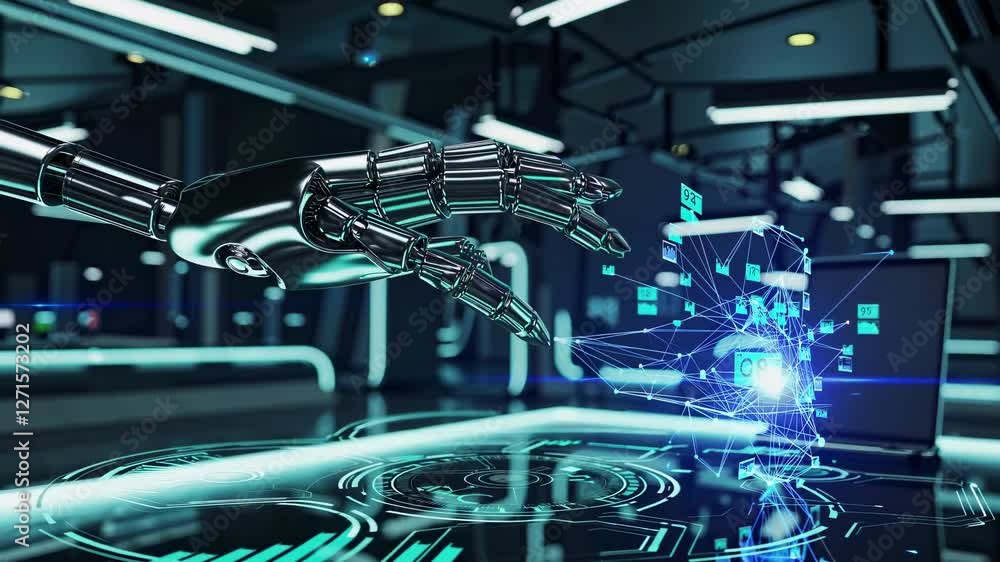 Poster advanced robotic arm interacting with holographic display in a futuristic lab setting
