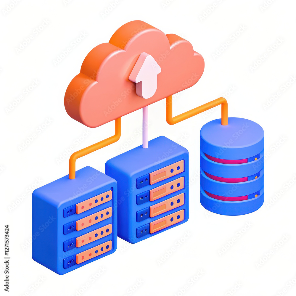 Poster cloud computing concept with servers, databases, and data transfer. this vibrant illustration repres