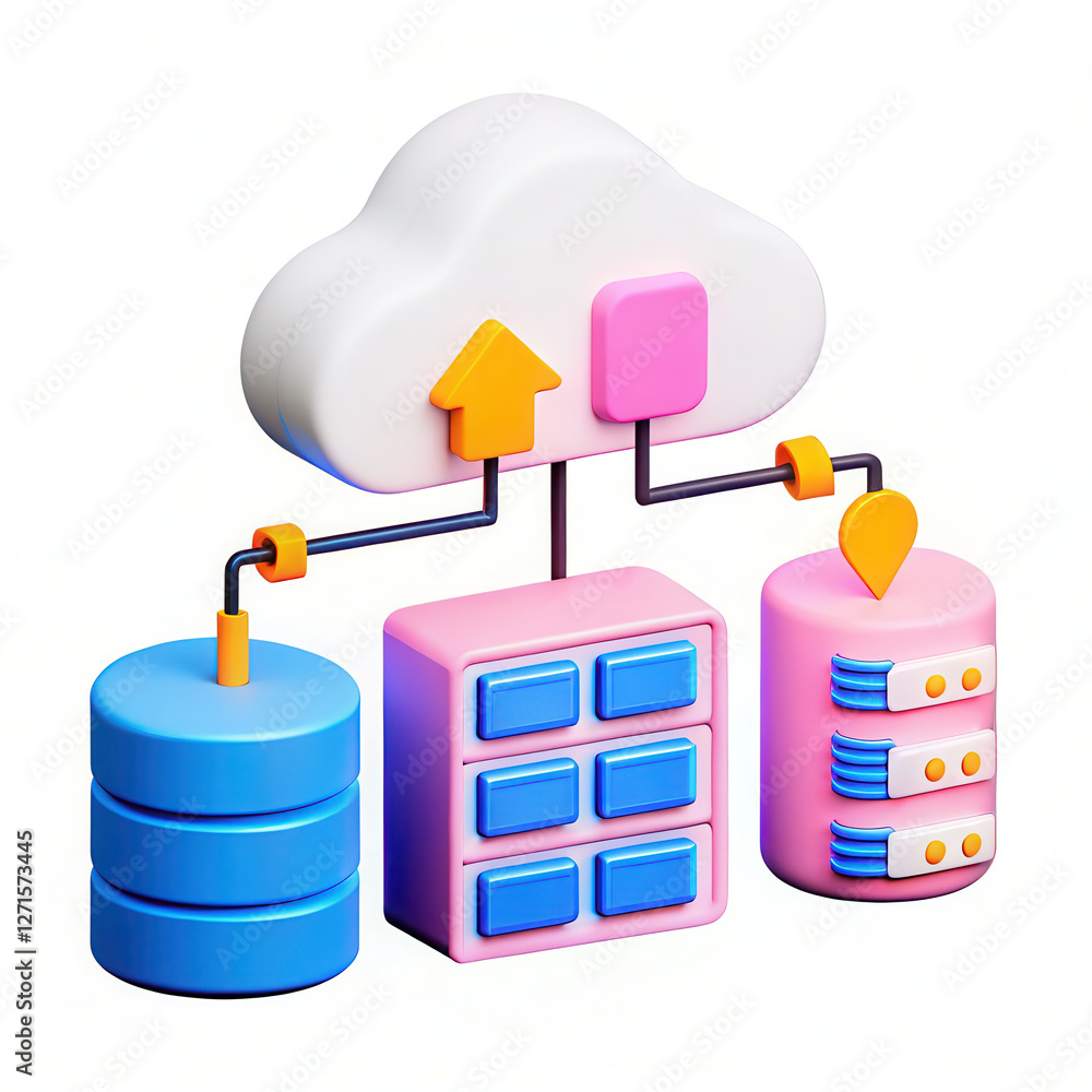 Poster cloud computing concept with colorful servers and databases connected
