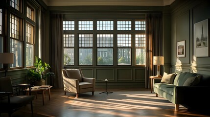 Sunlit Living Room with Green Walls and City View
