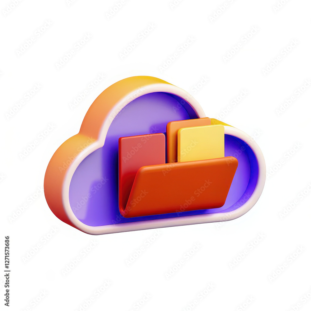 Poster digital cloud icon with colorful files and folders, symbolizing data storage and organization