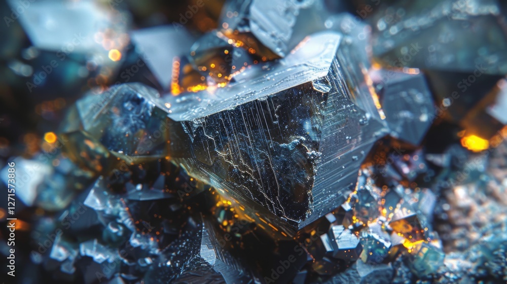 Poster Close up of a stunning crystal formation displaying sharp edges and reflective surfaces, illuminated by bright light, revealing intricate textures and colors