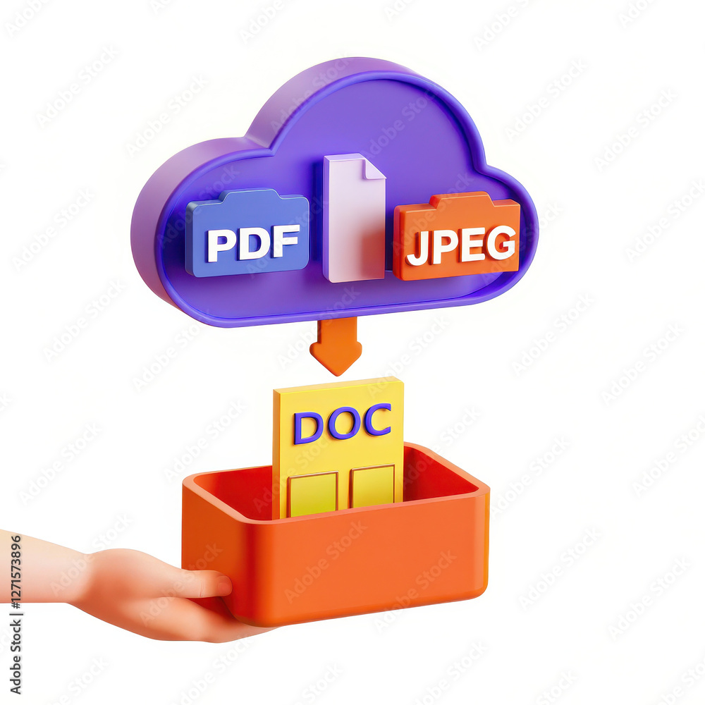 Poster digital cloud with file types like pdf, jpeg, and doc being transferred
