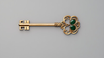 A tilted golden key with a clover-shaped green heart gem, exuding luxury and elegance, placed on a rich, soft background.
