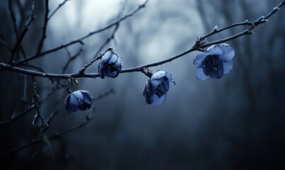 Delicate blue flowers blooming on a slender branch in a misty, dark forest setting