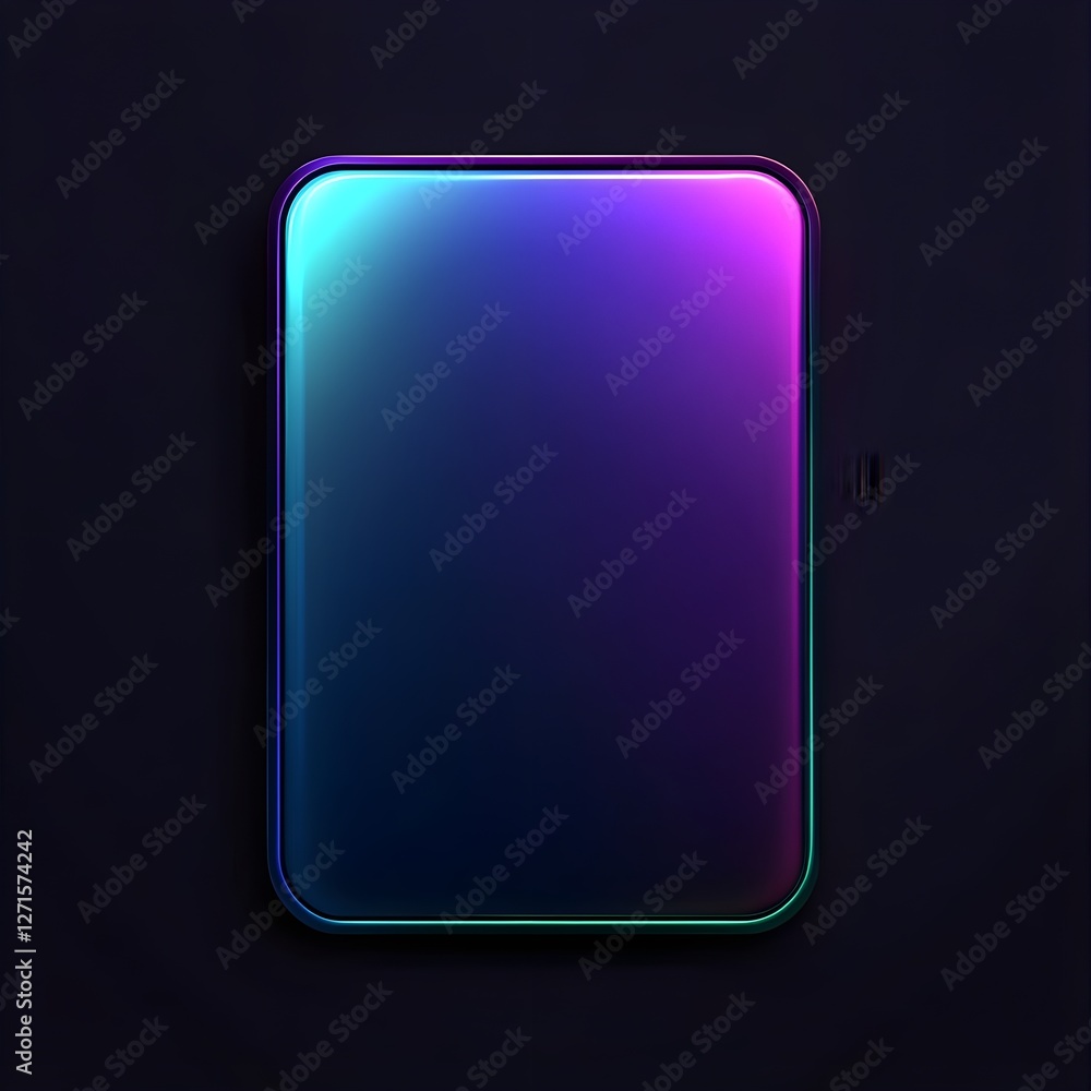 Poster a glowing blue rectangle with neon light border, rounded corners and light effects on a simple and p