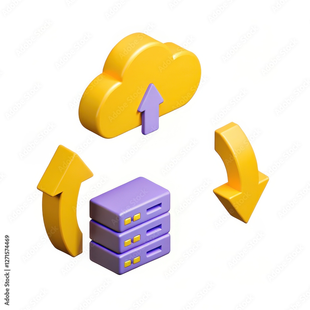 Poster vibrant cloud computing graphic with arrows and server icons, illustrating data transfer and storage