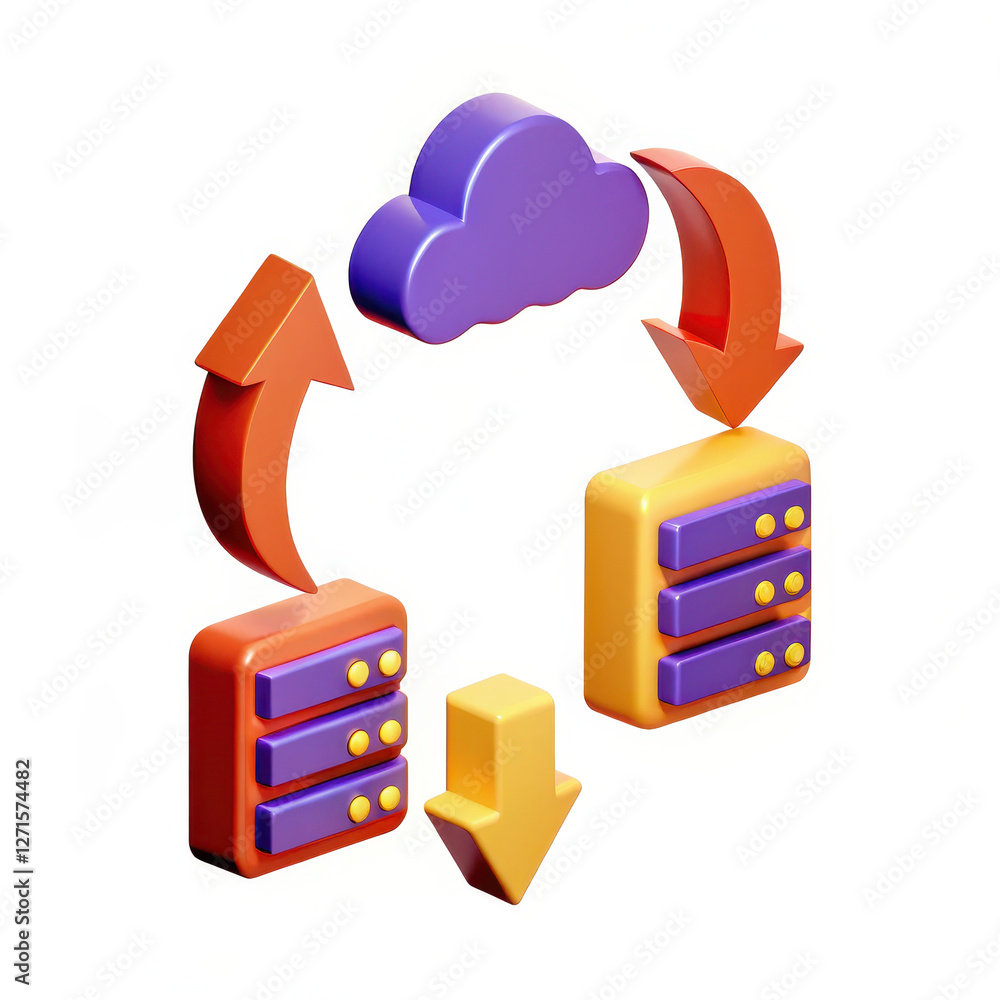 Poster vibrant cloud computing graphic with arrows and servers symbolizes data transfer