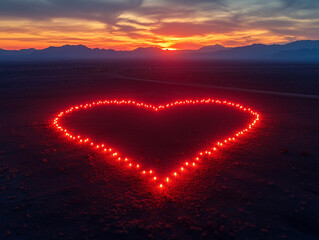 Fototapeta premium A glowing heart shape made of lights sits on the ground against a stunning sunset backdrop, creating a romantic and tranquil scene.