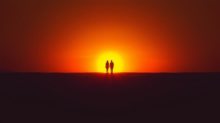 Silhouetted Couple at Dusk Against Vibrant Orange Sunset Sky