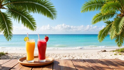 Obraz premium Refreshing tropical drinks on bamboo table by the beach, summer vibes
