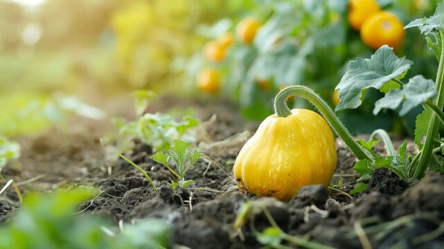Pattypan squash growing lushly in fertile garden soil, soaking sunlight, embodying vibrant organic farming potential and natural agricultural vitality