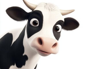 Close-up of a curious cartoon cow with big eyes and distinctive black and white markings