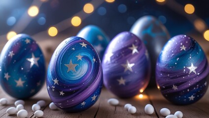 Easter eggs decorated with a cosmic theme, featuring galaxy patterns, stars, and nebulae. 