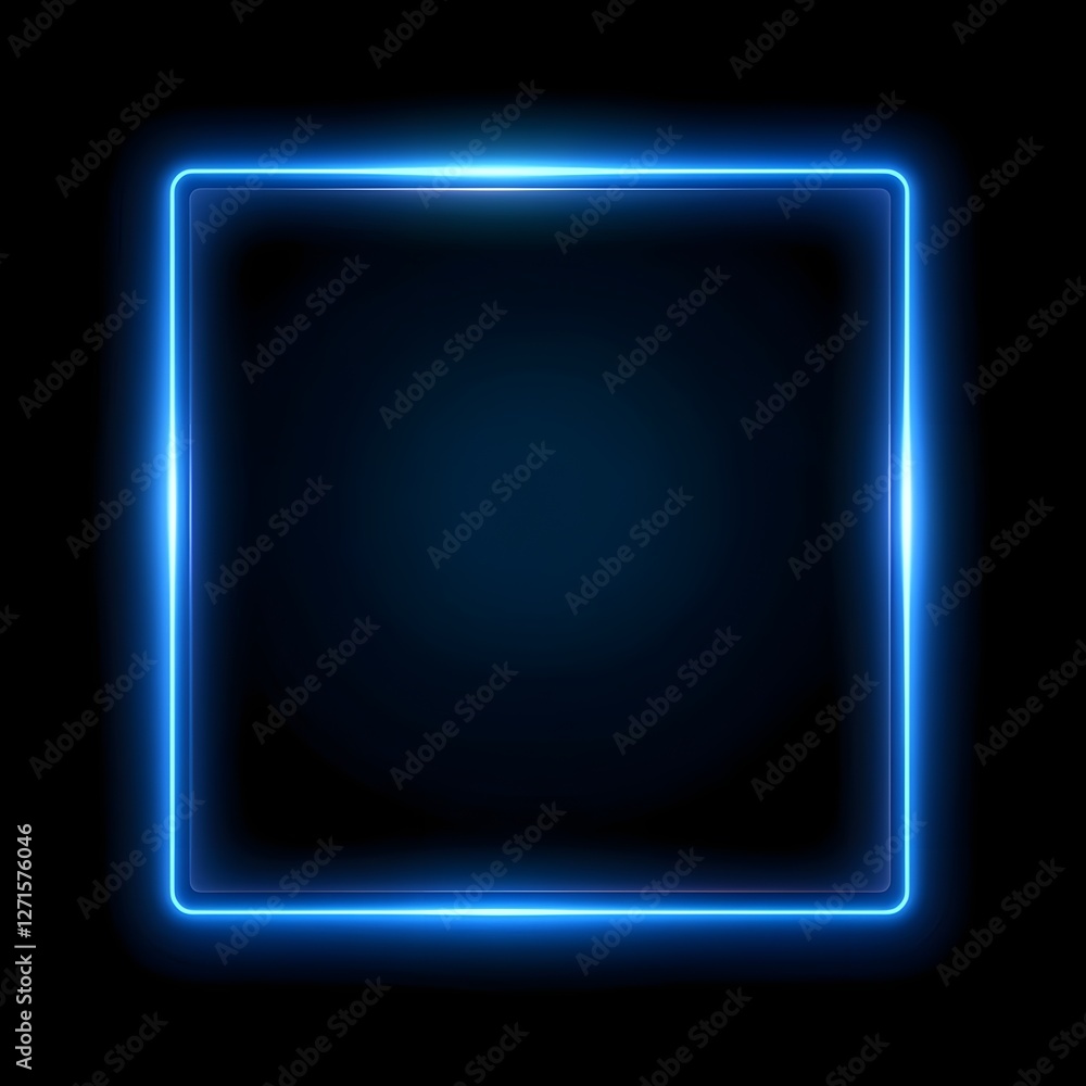 Poster a glowing blue rectangle with neon light border, rounded corners and light effects on a simple and p