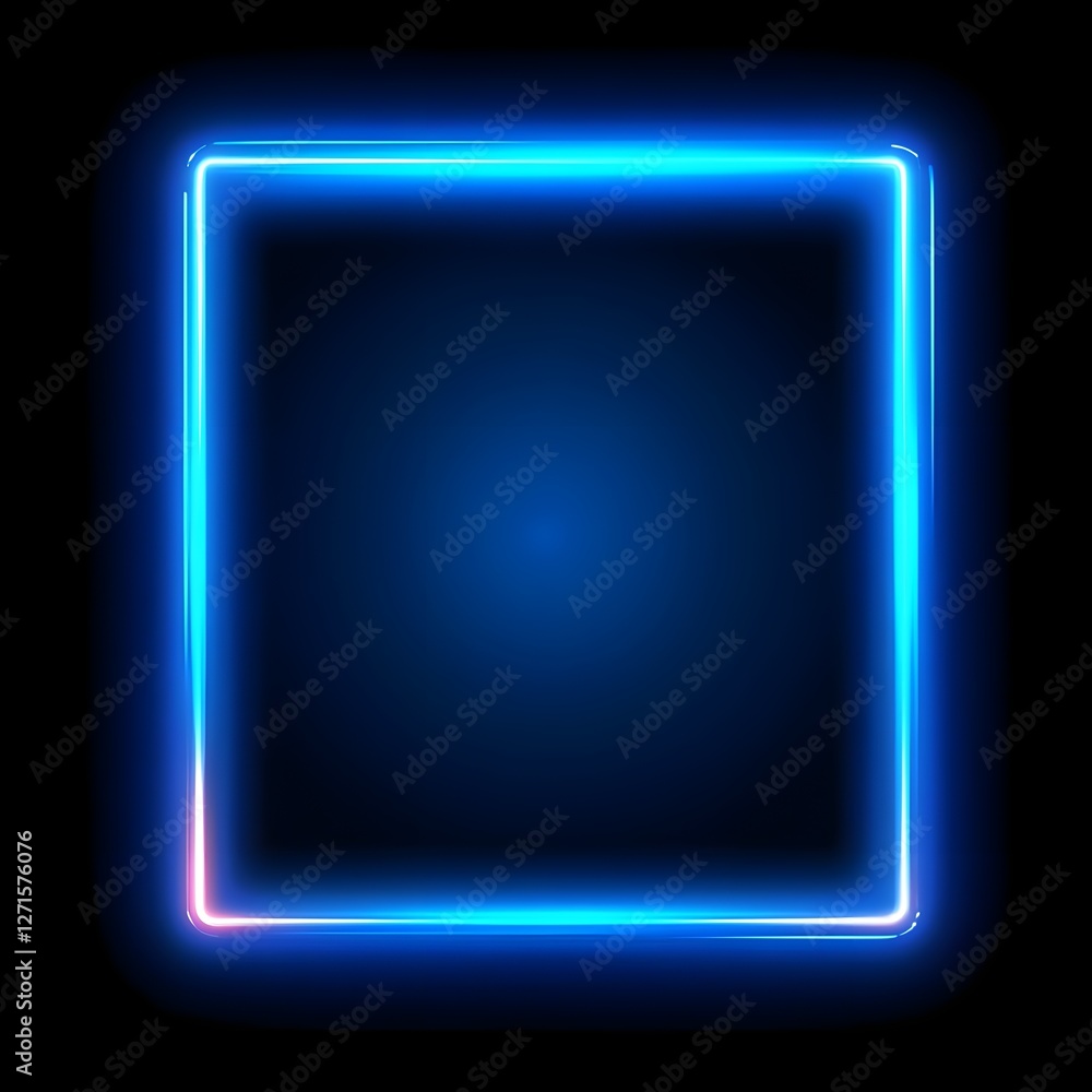 Poster a glowing blue rectangle with neon light border, rounded corners and light effects on a simple and p
