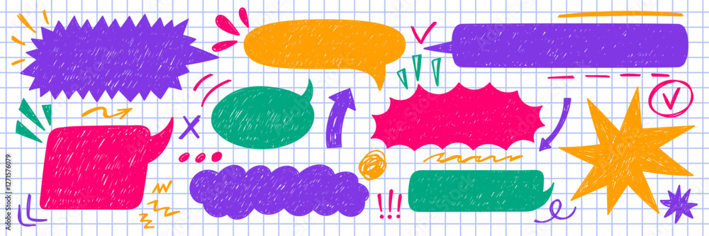 Poster set of text boxes, speech bubbles, arrow and curve line with crayon or chalk texture. retro vector i