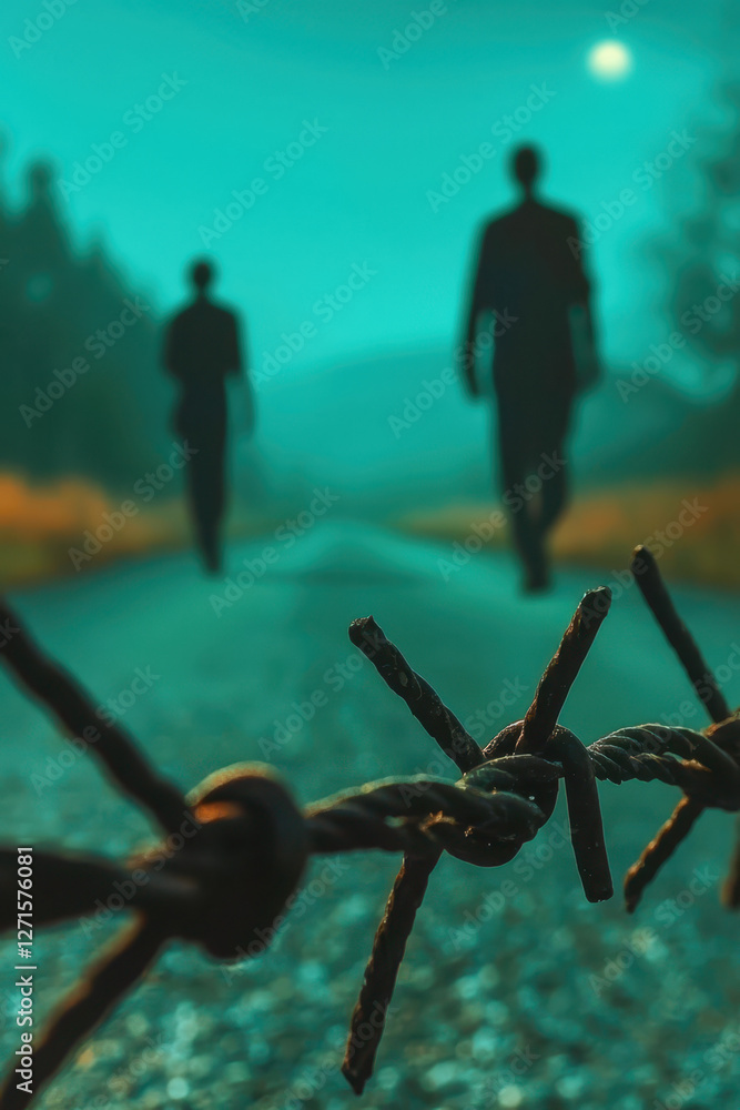 Poster exploring the depths of human emotion: a surreal journey along an isolated path with silhouetted fig