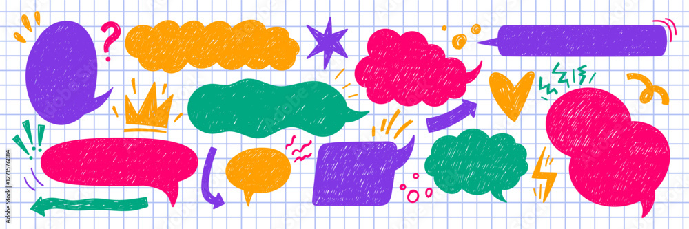 Poster set of text boxes, speech bubbles, arrow and cloud with crayon or chalk texture. retro illustration 