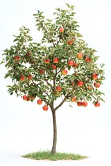 A young and fresh apple tree, with ripening fruits hanging from its branches, on a white background