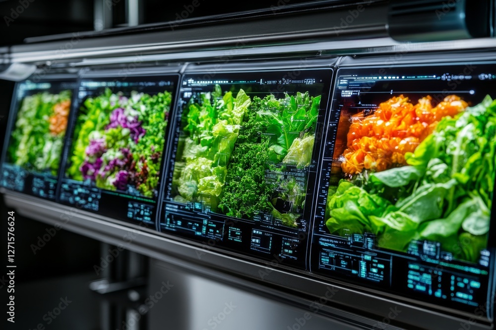 Poster a cyberpunk-inspired neon salad bar, where futuristic screens display custom salad options in a high