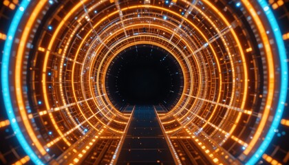 Futuristic abstract tunnel with glowing orange and blue lights, digital design elements, and a sense of depth and motion
