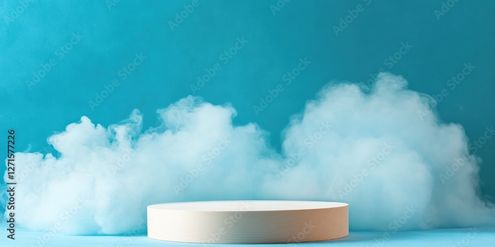 Poster a sleek podium is enveloped in soft blue smoke adding a mystical ambiance. the design allows for cle