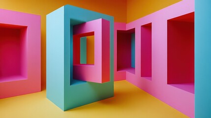 Bright, angular 3D squares overlap, creating an illusion of depth and motion in a futuristic setting.